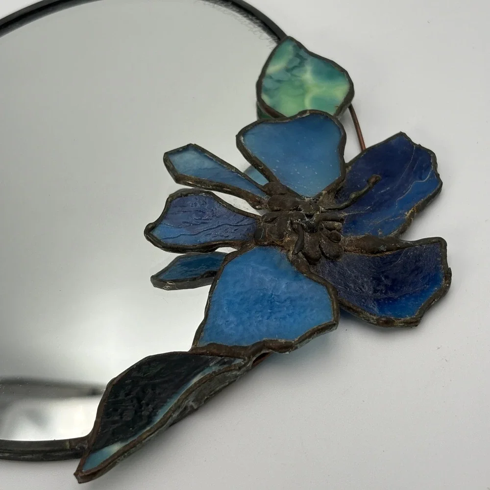 Vintage Handmade Stained Glass Mirror Blue Floral Signed Wall Decor 8x7 1996